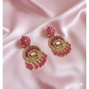 Hot Pink Floral Gold-Tone Chandbali Earrings